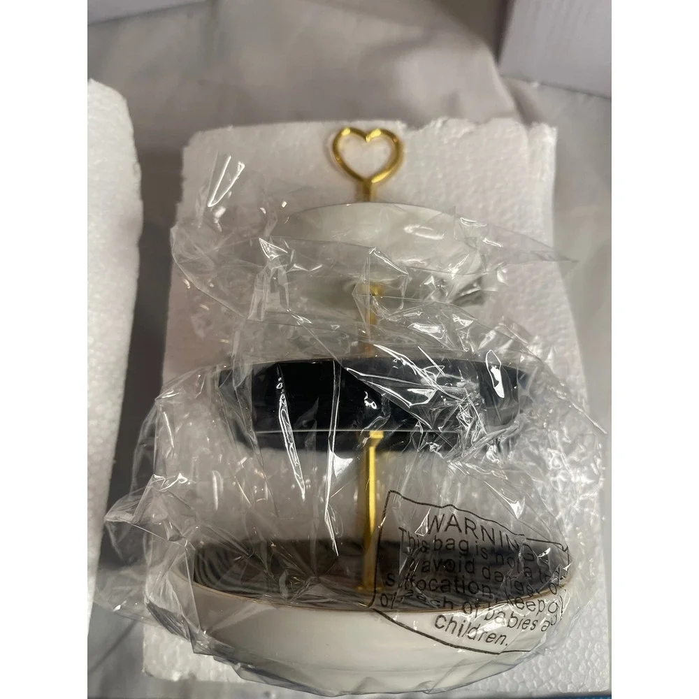 Joyvio Ceramic 3 Tiered Jewelry Dish Tray Zebra Print‎ Dream Gold Heart Handle